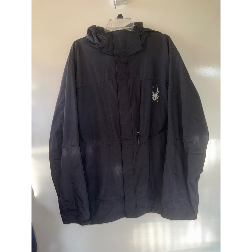 Spyder Mens XL Black Hooded Ski Jacket Full Zip Technical Winter Coat Shell